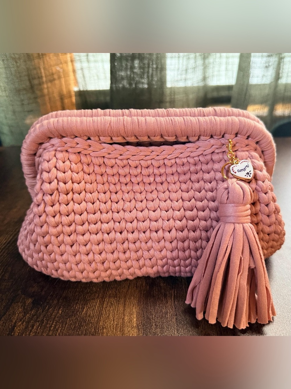 Handcrafted Pink Crochet Clutch with Tassel Charm